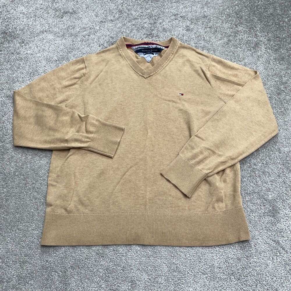 Tommy Hilfiger Pima Cotton Pullover Short Sweater Men Large Brown V-Neck Classic